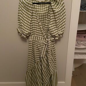 Green and White Striped Wrap Dress - puff sleeves and ruffle hem